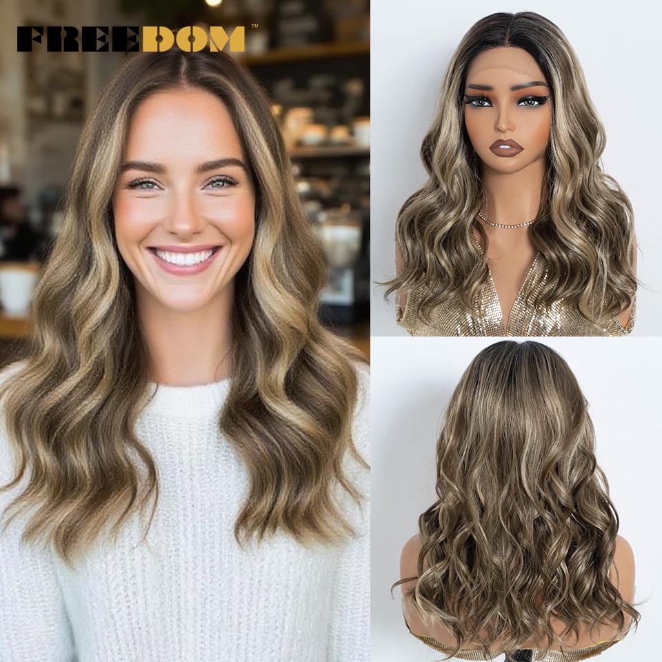 

FREEDOM Highlight Synthetic Lace Front Wigs For Women 20 Inch Natural Curly Wavy Wig Ombre Brown Blonde Lace Wig Cosplay Wigs (as the picture,20inches&Lace Front)