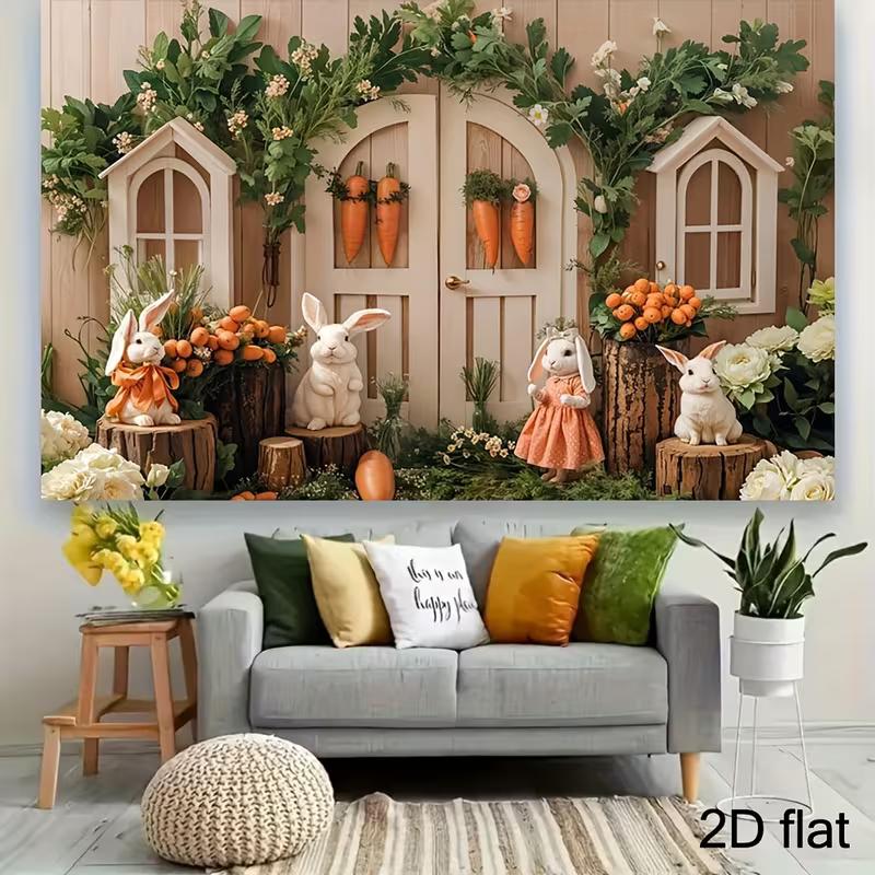 2D Spring Rabbit Backdrop - Natural Greenery Woodland Door Photography Background for Easter Events