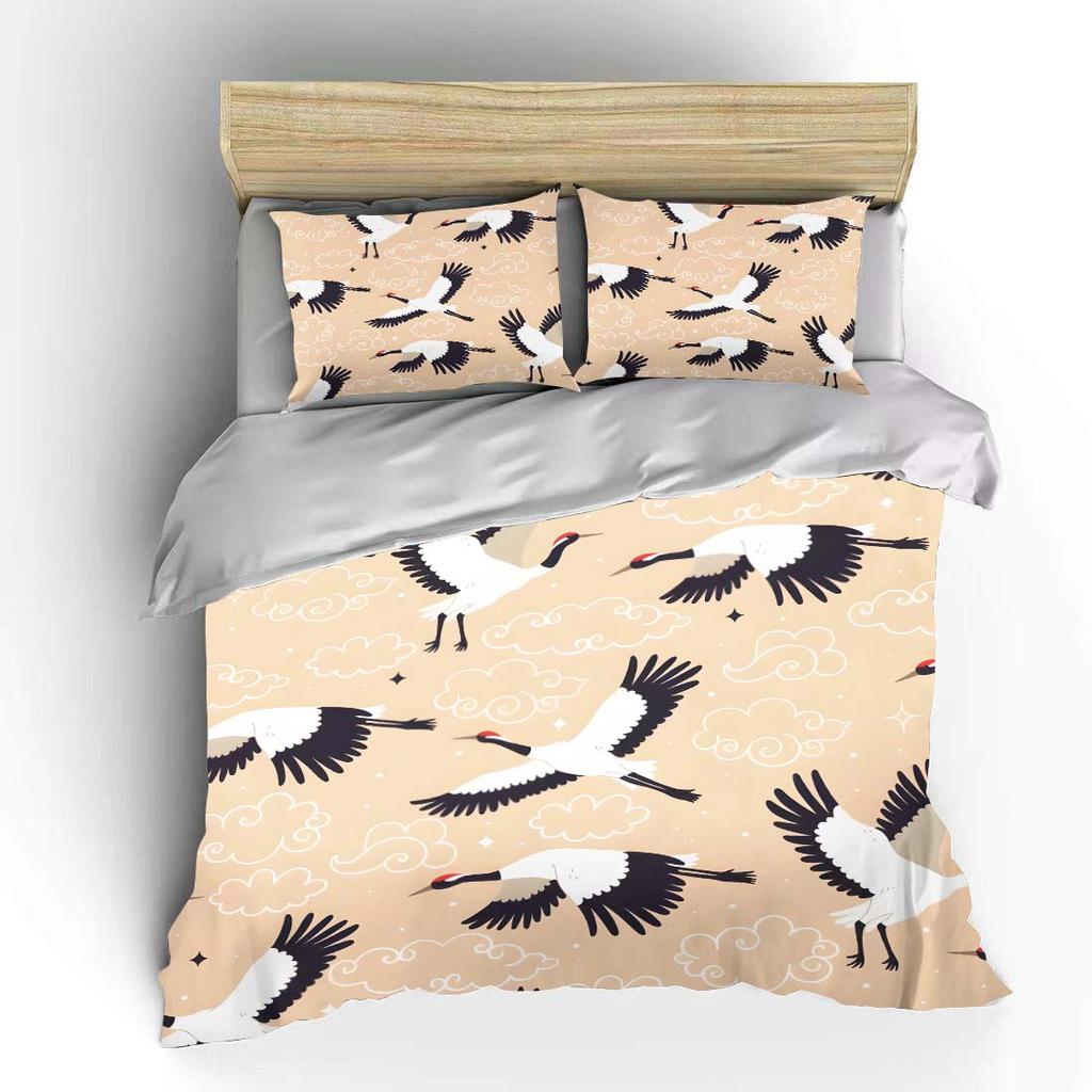 Red-Crowned Cranes With Floating Clouds Pattern Duvet Cover Set Digital Print Colorful Polyester Bedding With Zipper Closur