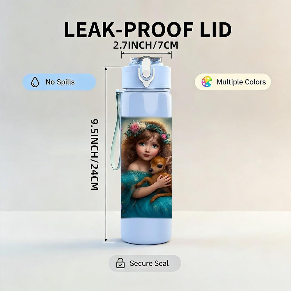 1PC Vintage Girl Oil Painting 750ml Color Plastic Sports Water Bottle Leakproof Flip Straw Lid Suitable for Sports Office Home Use