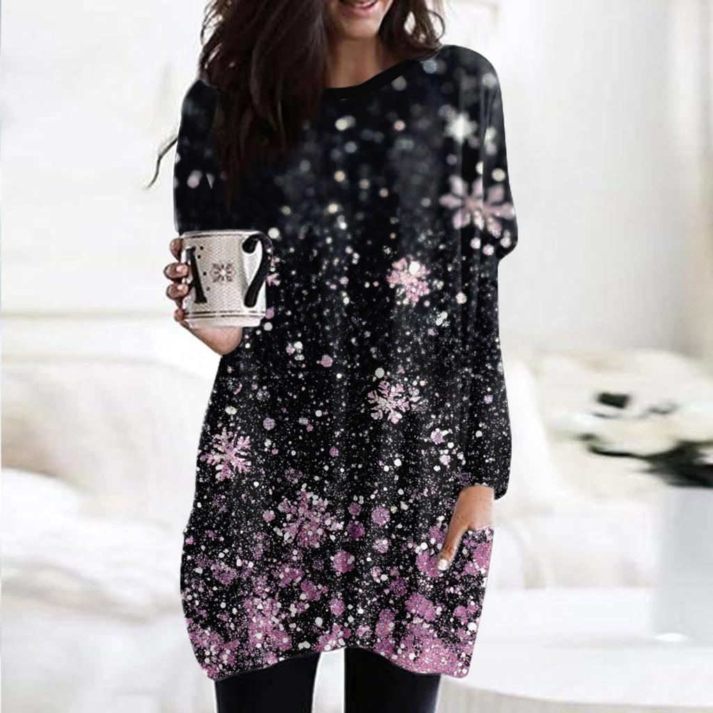 Dámská móda ležérní tričko s vánočním potiskem s kulatým výstřihem a dvojitou kapsou s dlouhým rukávem