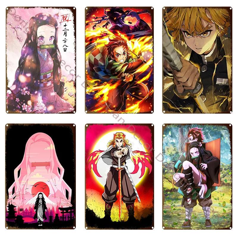 Demon Slayer Tin Sign Vintage Anime Metal Poster Colorful Wall Art Iron Plaque Retro Home Decoration for Bar Cafe Living Room