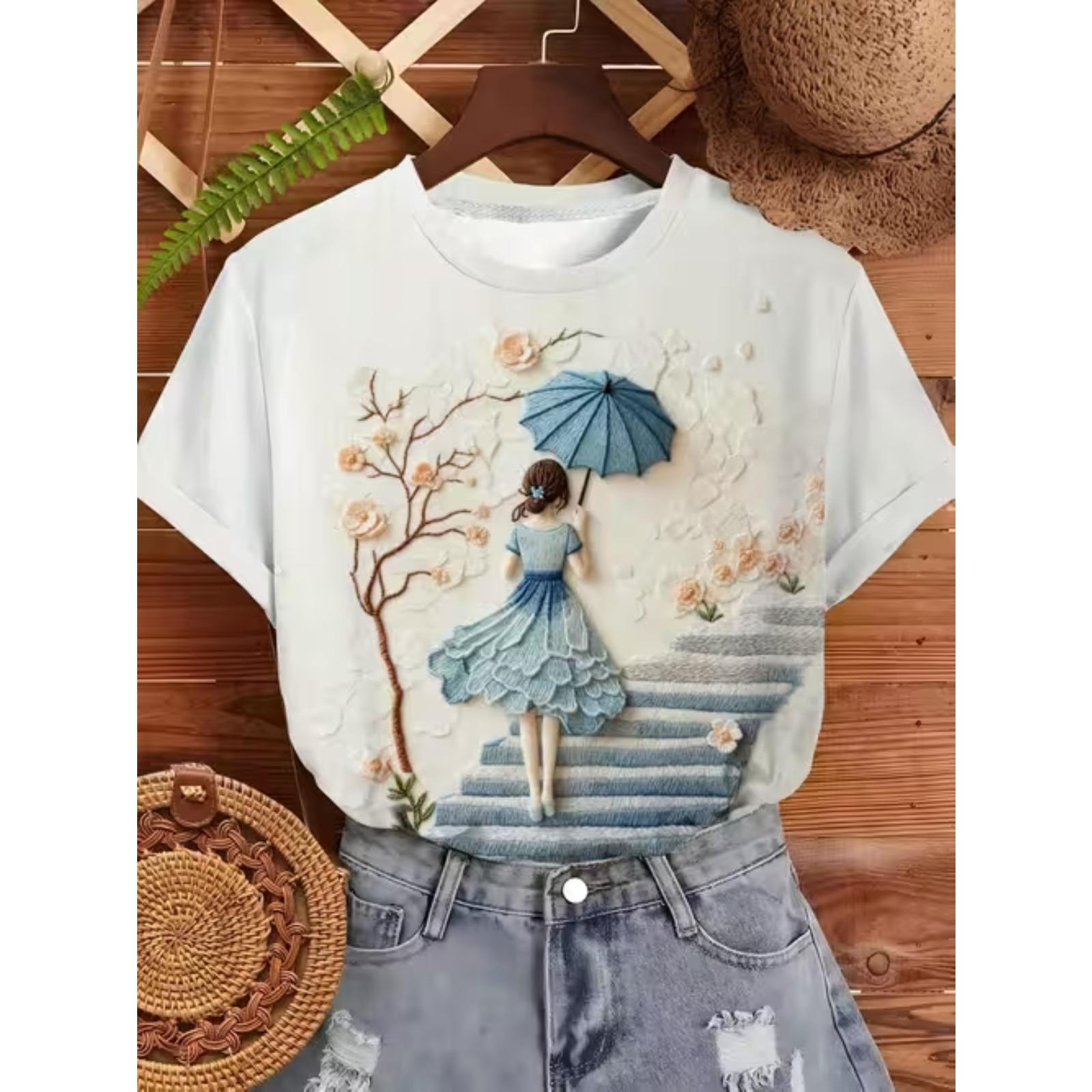 

Fashion Women Character Illustration Print T Shirt Funny Casual O-neck Short Sleeves T-shirt Summer Female Tee Shirt 8XL анти-flash білого кольору