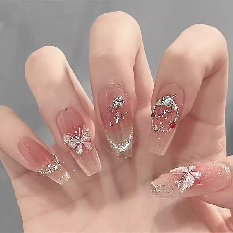 Butterfly Cat Eye Blush Fairy Bridal Press-On Nails, Medium-Long Stickers for 2025 New Year Style