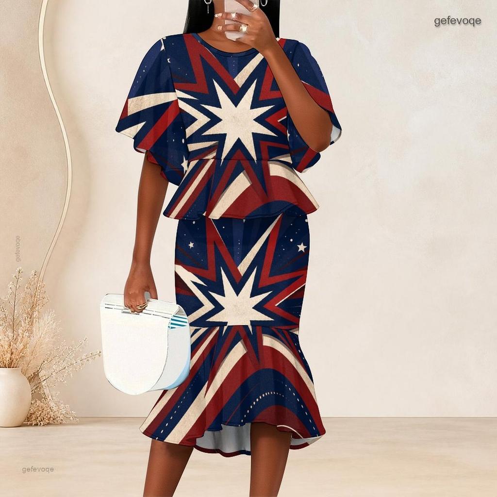 Women Plus Size Two Piece Outfit Round Neck Batwing Sleeve Ruffle Hem Top Fishtail Skirt Printed Red Navy Blue