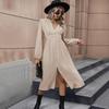 Elegant Women Chiffon Dress High Waist A-Line Knee Length V-neck Long Sleeve Solid Autumn Winter