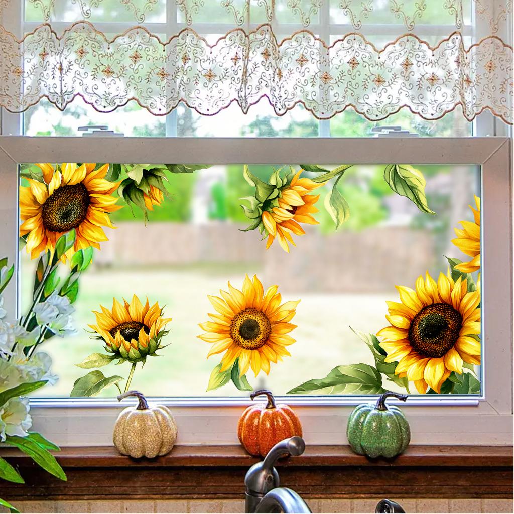 Sunflower Window Decoration Sticker Rustic Style Glass Wall Decal Home Wall Decor Self-Adhesive