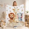A Digital Print Blanket Featuring Giraffes, Lions, And Elephants In a Cloud And Starry Sky Design, Soft And Comfortable, Tear-Resistant, Suitable for