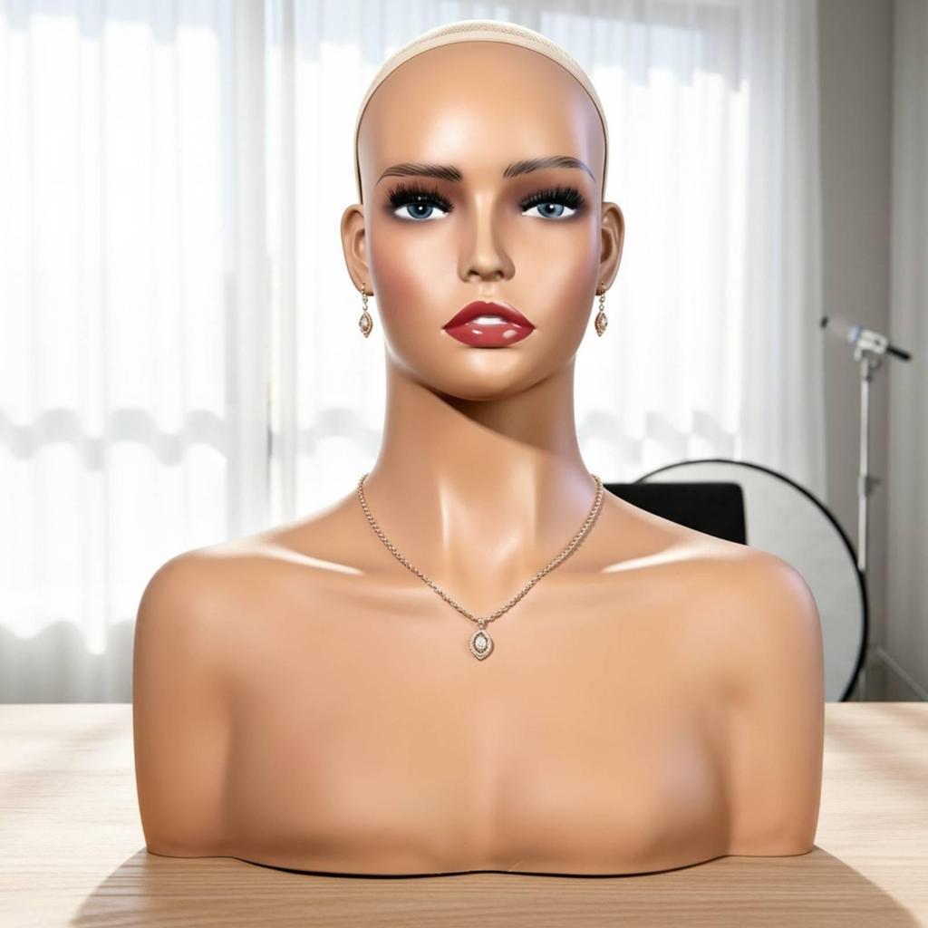 PVC Mannequin Bust Skin Toned Head with Shoulders Smooth Hairpiece for Photo Shoots
