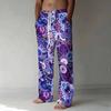 Men Purple Blue Floral Paisley Print Elastic Drawstring Straight Long Pants With Side Pockets Bohemian Bottoms