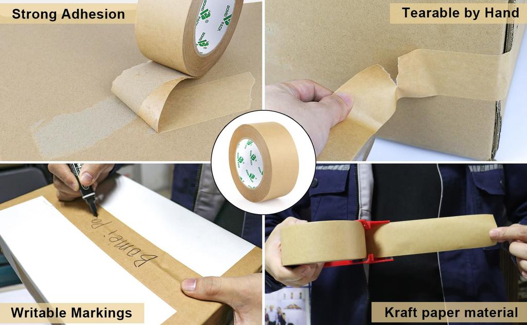 BOMEI PACK Reinforced Paper Packing Biodegradable Kraft Paper Transport Tape for and Storage Tape, 50mm50m, Self-Adhesive Gum-Covered Heavy-Duty