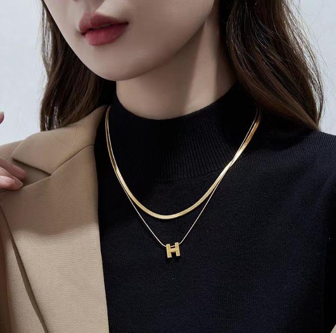 French Light Luxury H Necklace: Double Layer Titanium Steel Snake Bone Chain for Women