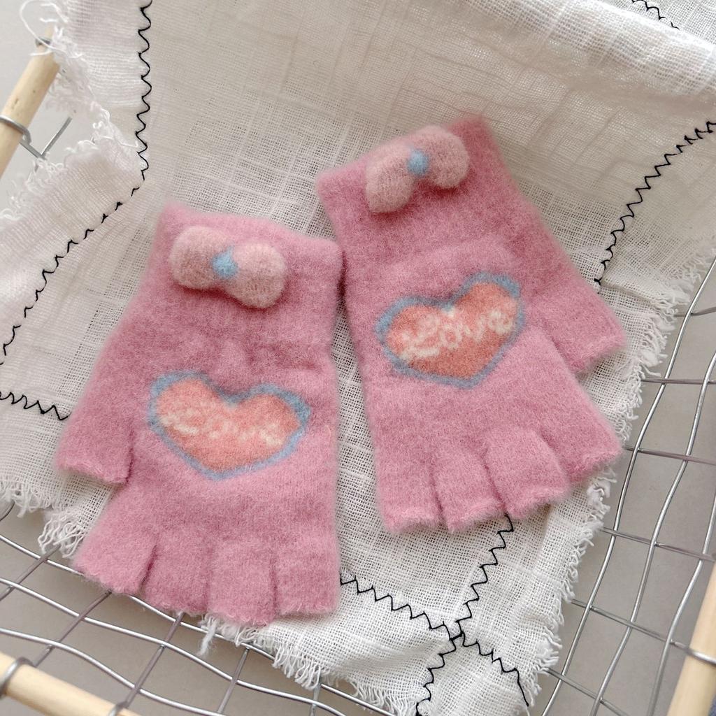 New Style Women's Half Finger Big Children's Warm Five Finger Split Finger Writing Love Bow Cute Knitted Gloves