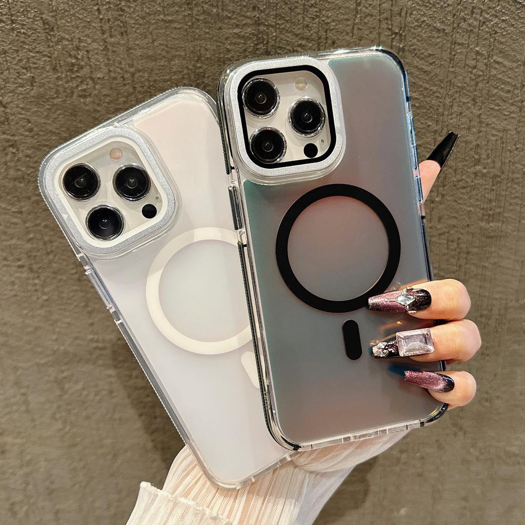 For iPhone 15 Pro Max Magnetic Case TPU Acrylic Phone Back Cover with Lens Film and Kickstand