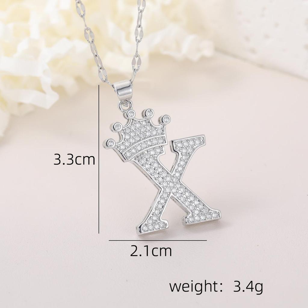 Copper Micro-Inlaid Zircon Crown Letter Pendant Necklace - Hip-Hop Silver Fashion