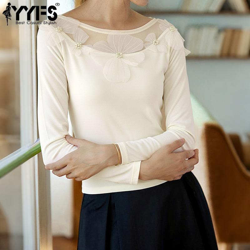 YYFS Women's Fashion Casual Spring Autumn Flower Pattern Print Long Sleeve O-Neck Blouses & Shirts