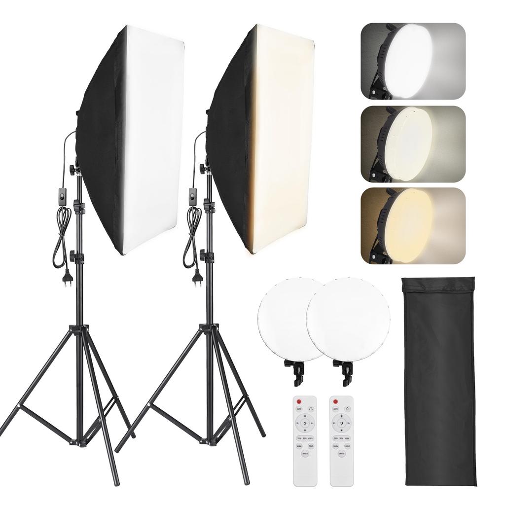 Studio Photography Light Kit Softbox Lighting Kit with 50x70cm Softbox *2 + 80W Bi color LED Video Light *2 + Metal
