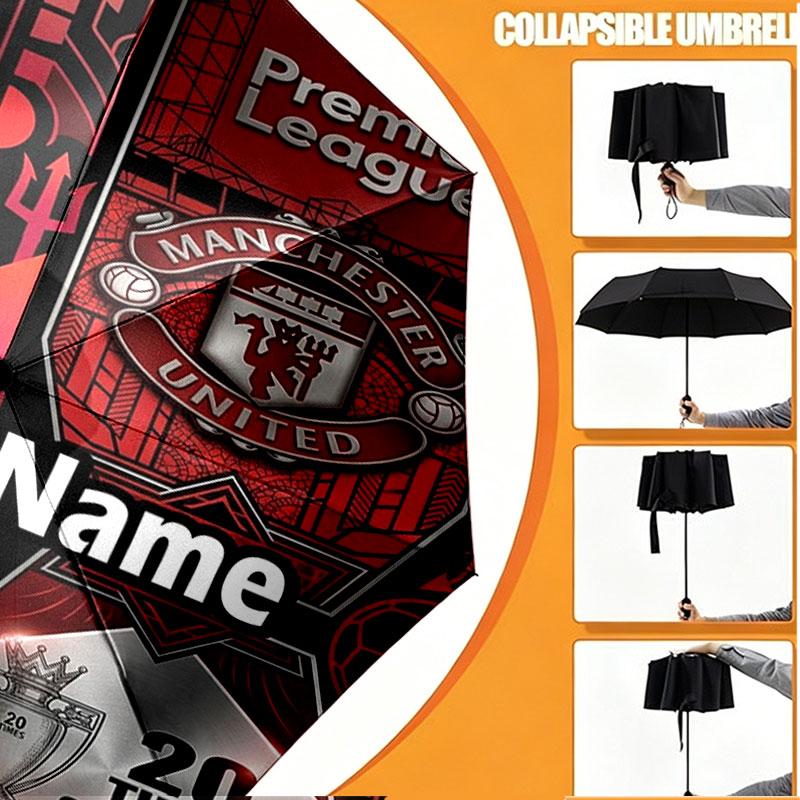 Custom Name Personalized Manchester United Print Umbrella, Auto Open Close, 8‑Rib Sturdy Frame, Commute Camping Hiking Use, Birthday Gift