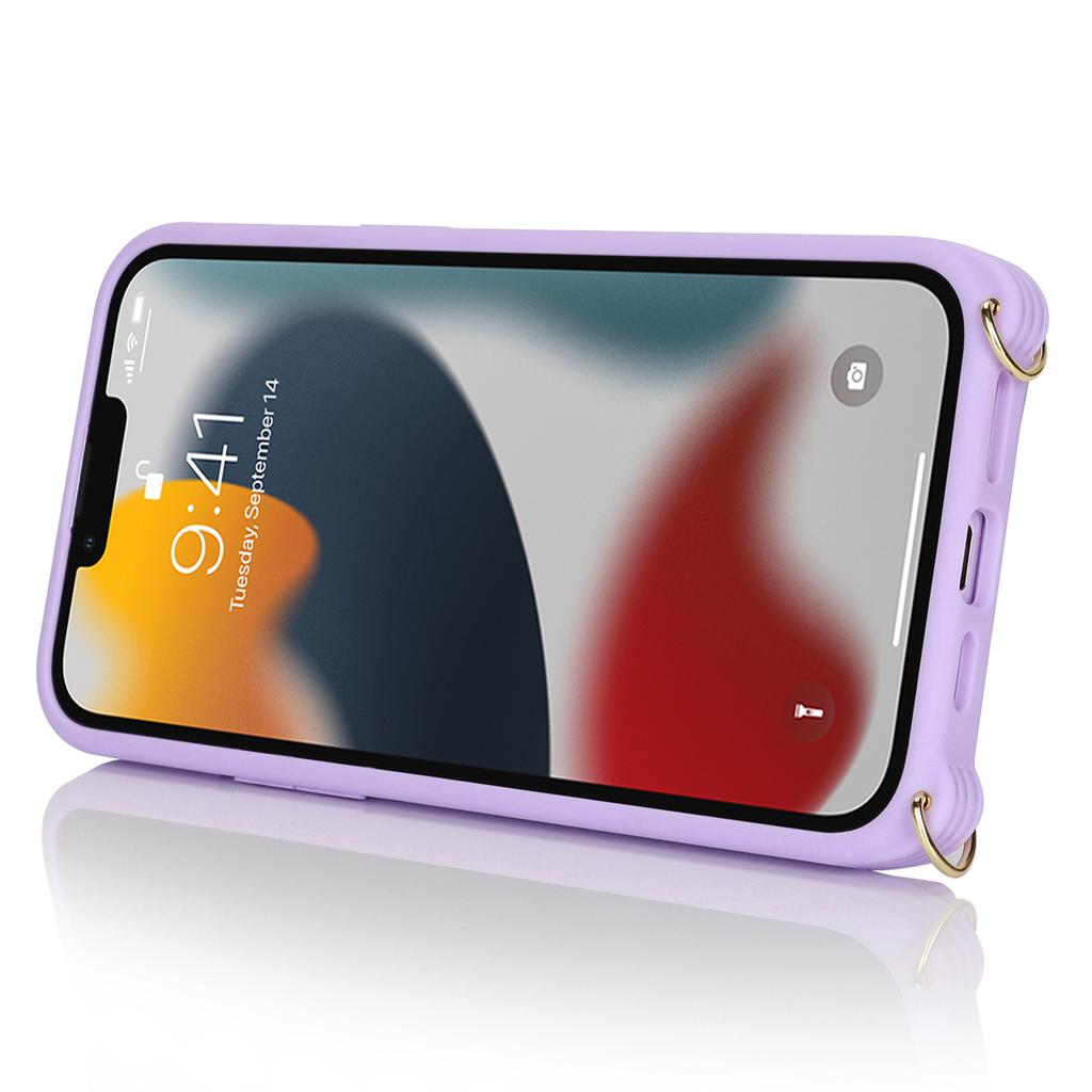 For iPhone 13 Pro Case Zipper Pocket Ring Kickstand PU Leather+TPU Phone Cover with Long Strap