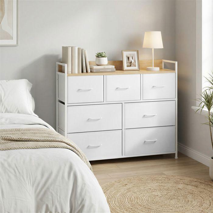 Commode, 7 Fabric Drawers, Metal Frame, Modern Style, White and Beige