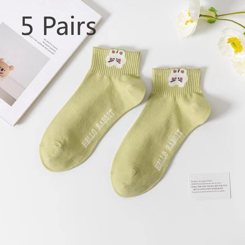 5 Pairs of Female Preppy Green Small Fresh Short Boat Socks
