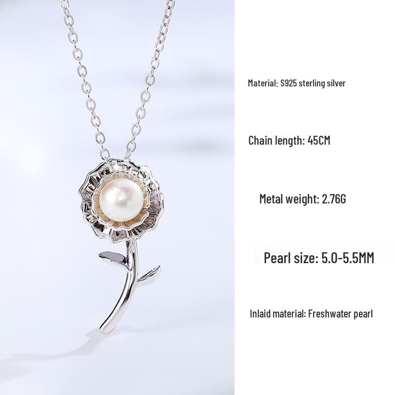 Elegant Rose Freshwater Pearl & Sterling Silver Clavicle Necklace for Women Sterling Silver 925