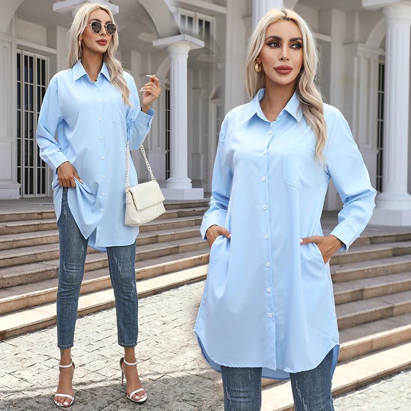 Women Casual Loose Long Length Solid Color Long Sleeve Shirt