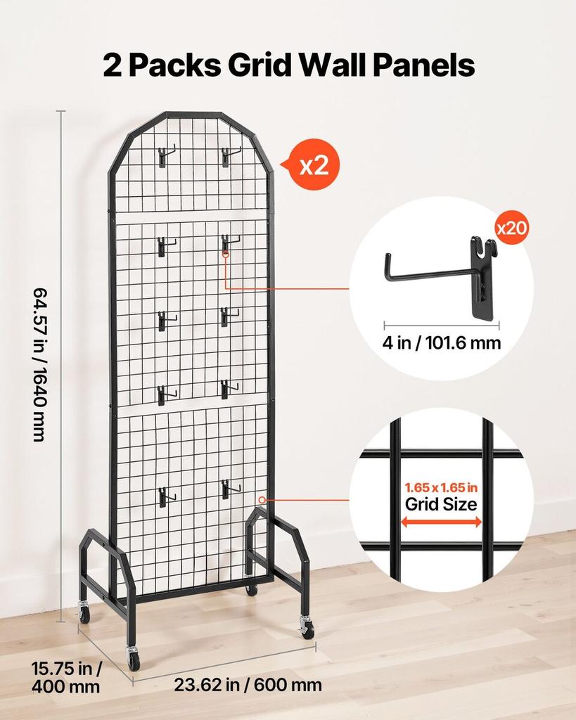 2 Pack Grid Wall Panel 600 X 1640 Mm Wire Display Rack with Wheels & Hooks