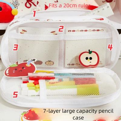 Large Capacity Pen Bag Multilayer Apple&Sheep Printing Stationery Storage Bag Flip Closure Cartoon Pencil Case Office Stationery