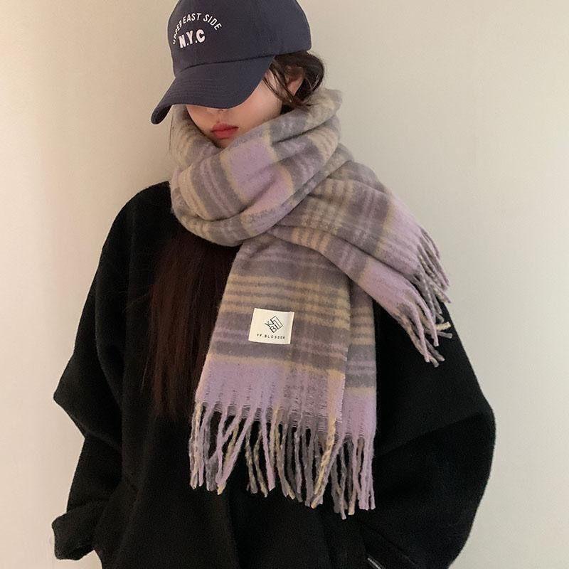 Korean Style Plaid Mohair Scarf - Women's Winter Imitation Cashmere Shawl