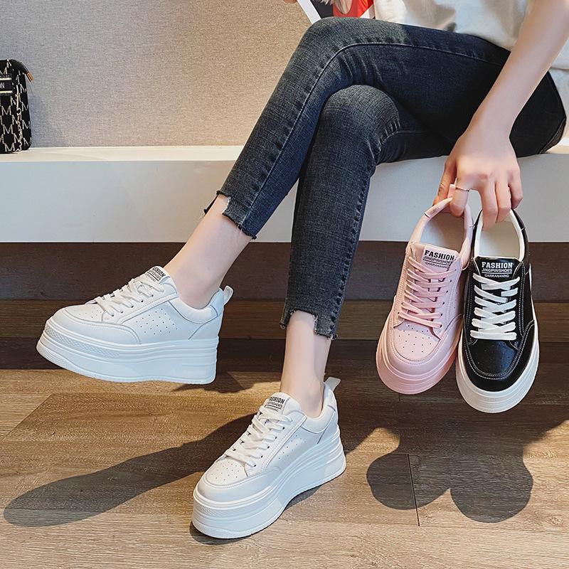 "2024 Autumn Women's Thick-Soled White Platform Shoes with Breathable Mesh and Hidden Height Increase"