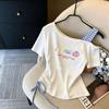 Girls Summer Off Shoulder Short Sleeve T Shirt with Drawstring Waist and Cartoon Print