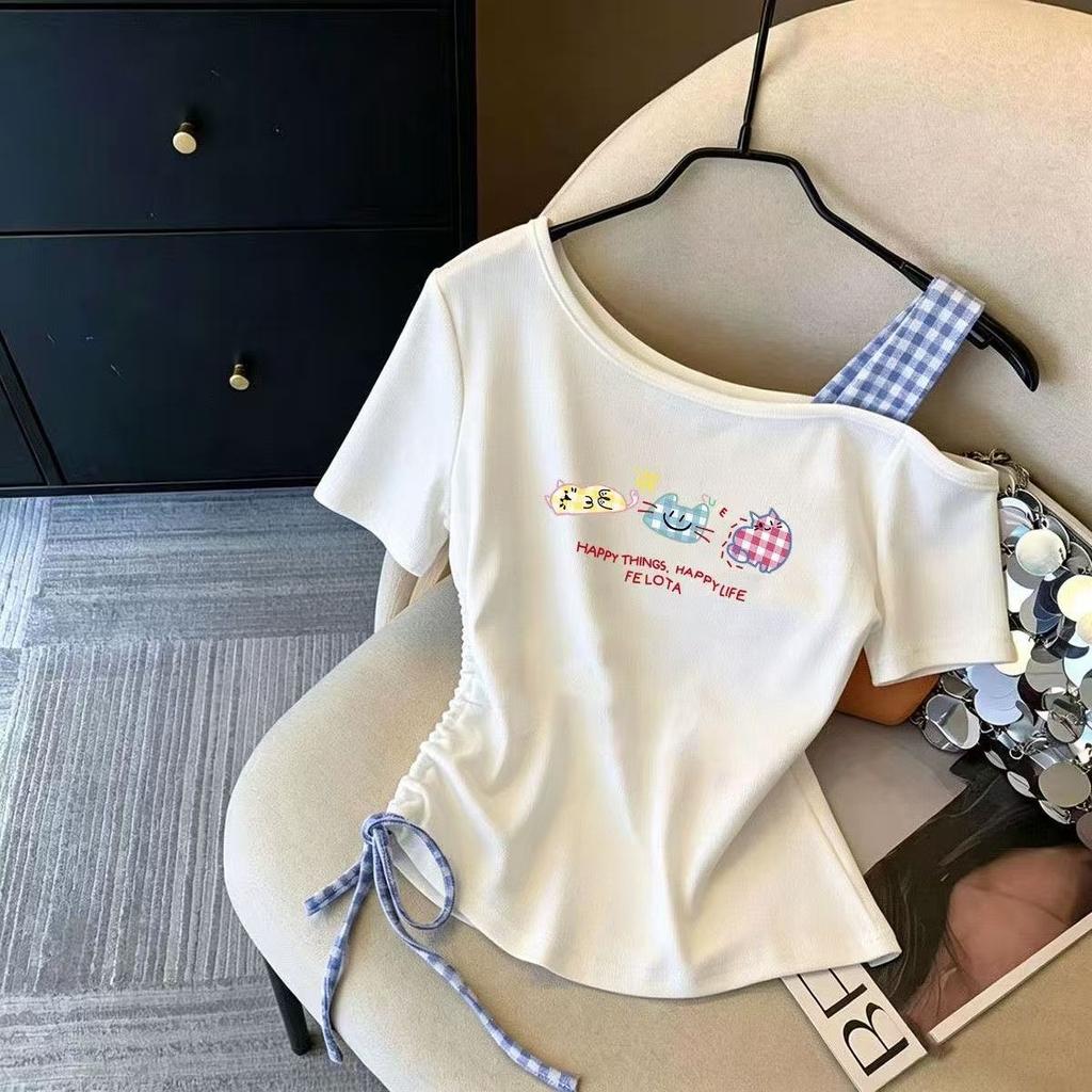 Girls Summer Off Shoulder Short Sleeve T Shirt with Drawstring Waist and Cartoon Print