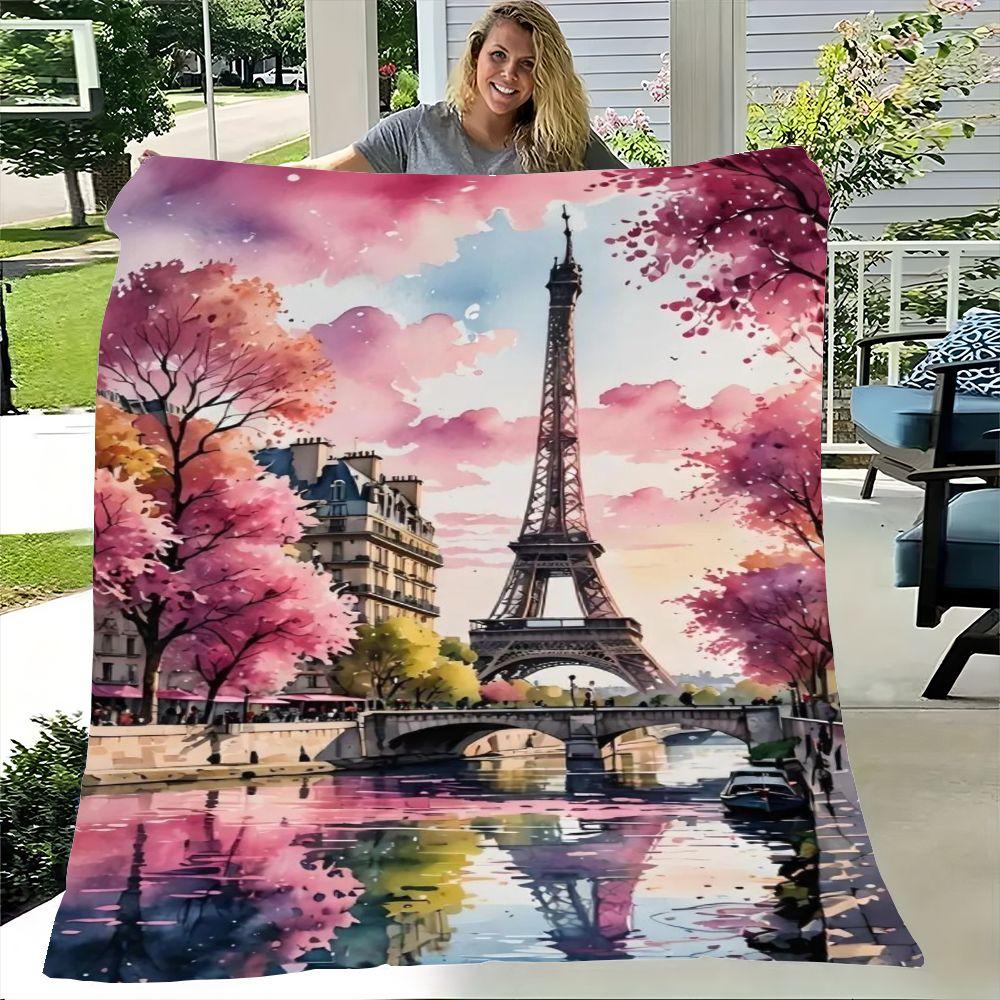 Whimsical Paris Eiffel Tower Watercolor Blanket - Dreamy Cherry Blossom Spring Scene Throw - Soft Cozy Decor for Home, Perfect W