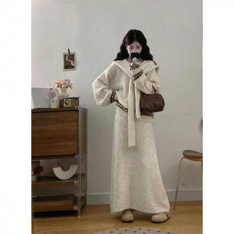 Korean Style V-Neck Jacquard Sweater & Knit Skirt Set - Plus Size, Loose Fit