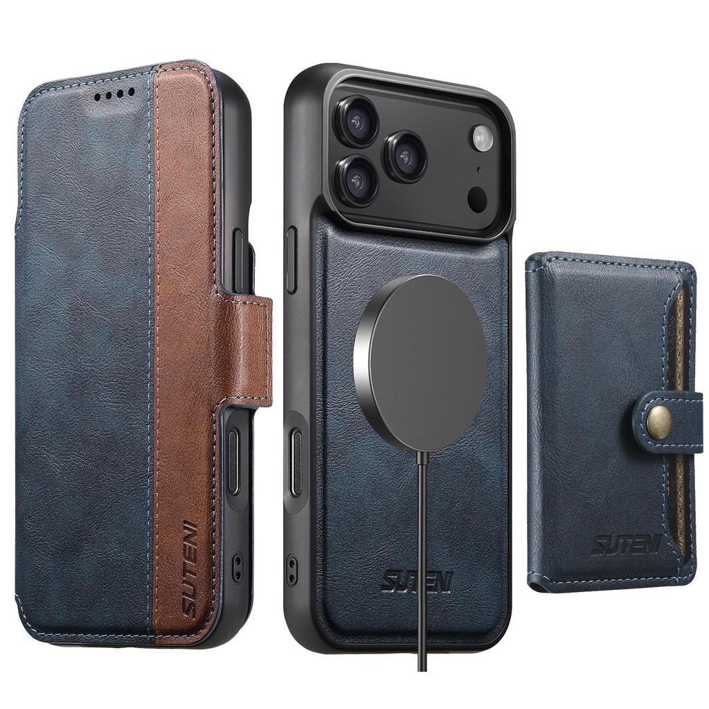 Magnetické kožené flipové pouzdro pro iPhone 17 Pro Max se slotem na karty a bezdrátovým nabíjecím stojánkem 3 v 1