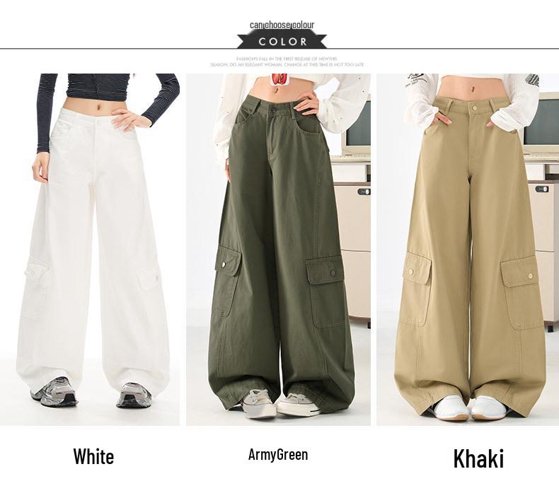 Women's Military Green Wide-Leg Jeans: Autumn Curved Knife Design, Loose Fit, Floor-Length Casual Workwear Pants.