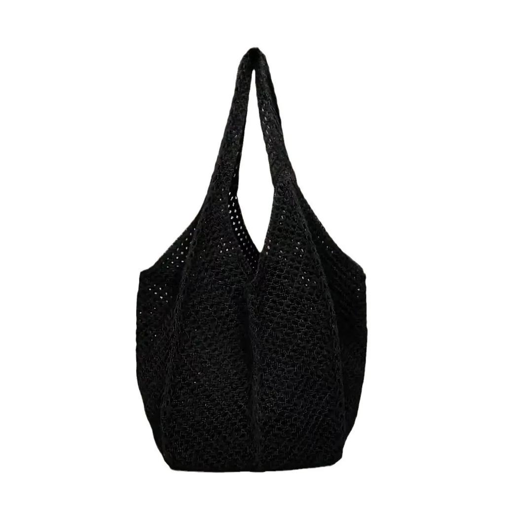 Large Capacity Ladies Vacation Beach Bucket Tote Hollow Design Travel Female Handbags Casual Simple Women Knit Shoulder Bags