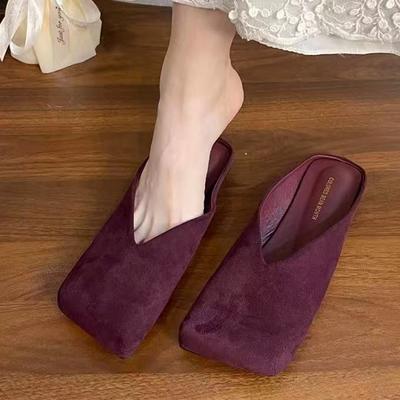 Women Slippers Flats Square Toe Slingback Mules Shoes Suede Fashion Dress Designer Shoes 2025 Autumn New Cozy Chaussure Femme