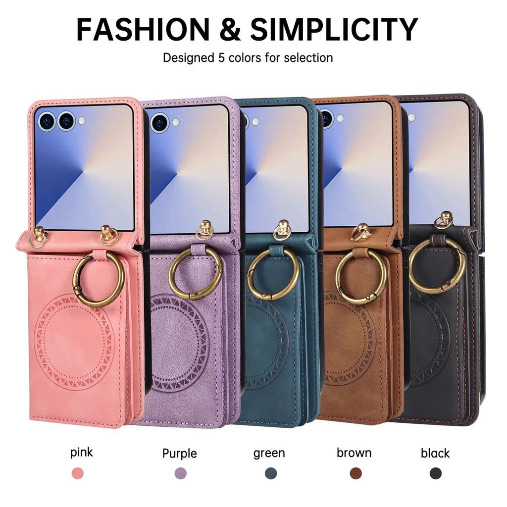 For Samsung Galaxy Z Flip 7 Fe 6 5 4 3 Leather Magnetic Wallet Phone Case with Card Holder Lanyard Ring Holder