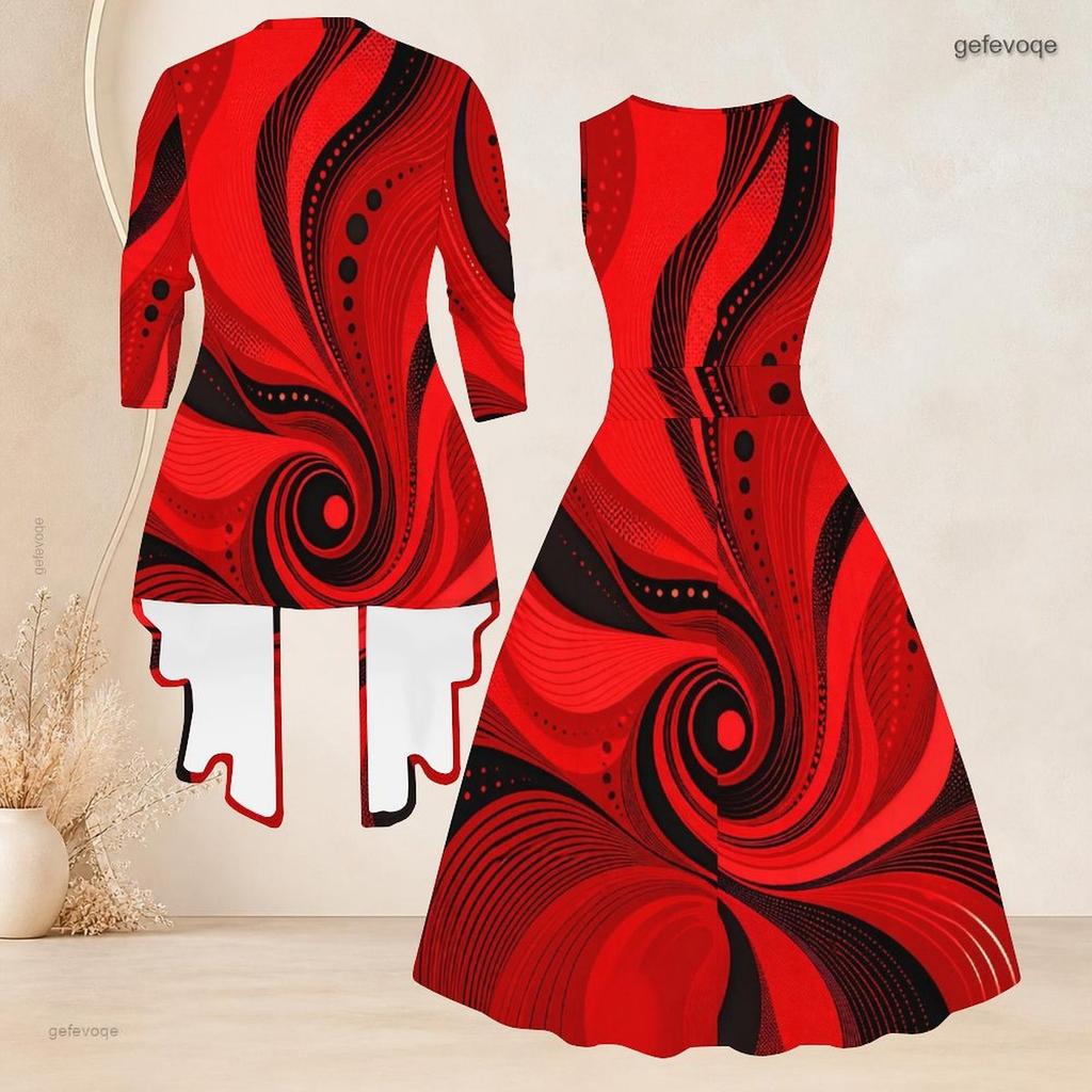 Women Plus Size Two Piece Set Printed Sleeveless Tie Waist Flared Dress And 3 4 Sleeve Open Cardigan