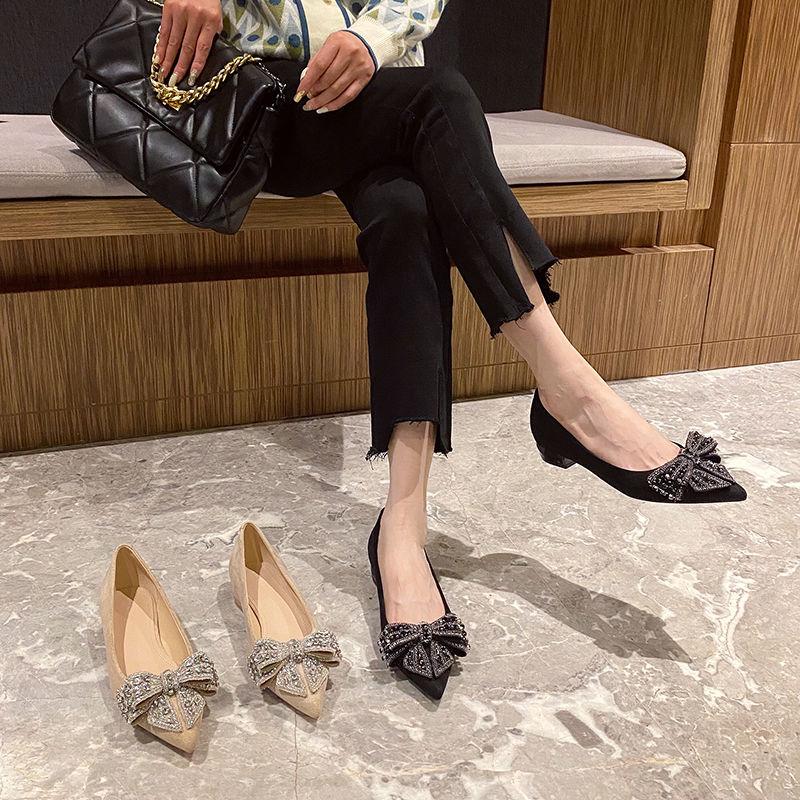 Fashion French Rhinestone Bowknot Black Single Shoes Women's Low Heel Shoes for Women 2025 New Shallow Pointed Thick Heel Shoes Works