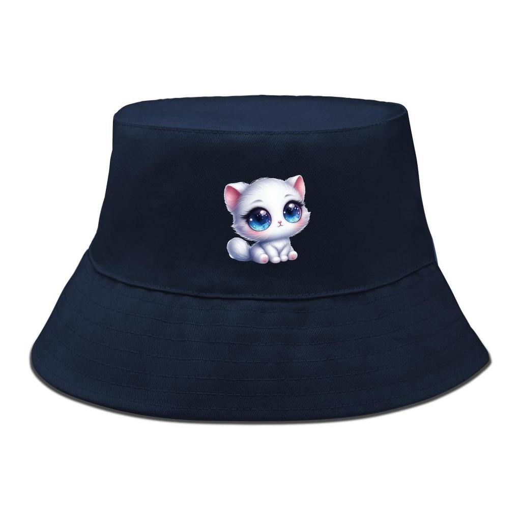 Cappello a secchiello con stampa gatto, carino cappello da pescatore con animale domestico cartone animato semplice reversibile color caramella cappello da spiaggia