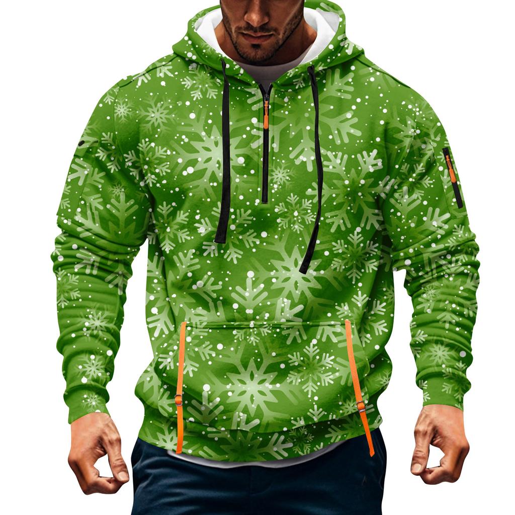 Sudadera deportiva casual de media cremallera con capucha y estampado navideño para hombre