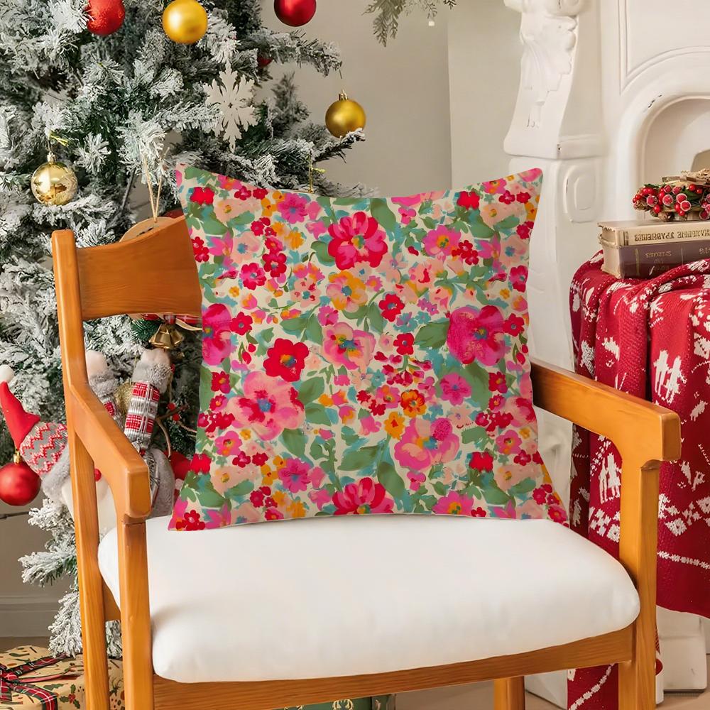 Full Print Floral Print Pattern Pillow Case Silky Short Plush with Invisible Zipper Dustproof Sofa Cushion Cover for Home Decor