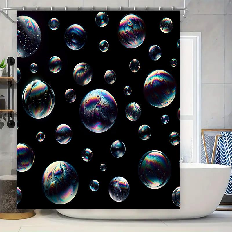 

3D Printed Shower Curtains Bubbles Wall Art Decor For Bathroom Modern Watercolor Print Design Black Background With Blue Colors W60H190(CM)-1 Pcs