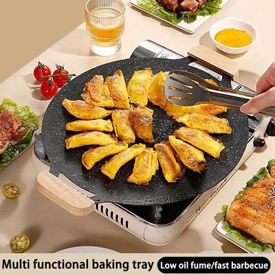 Outdoor BBQ Grill Pan Smokeless Round Griddle Pan Barbecue Plate Indoor Outdoor Grilling Frying Pan with Heat-resistant Holder
