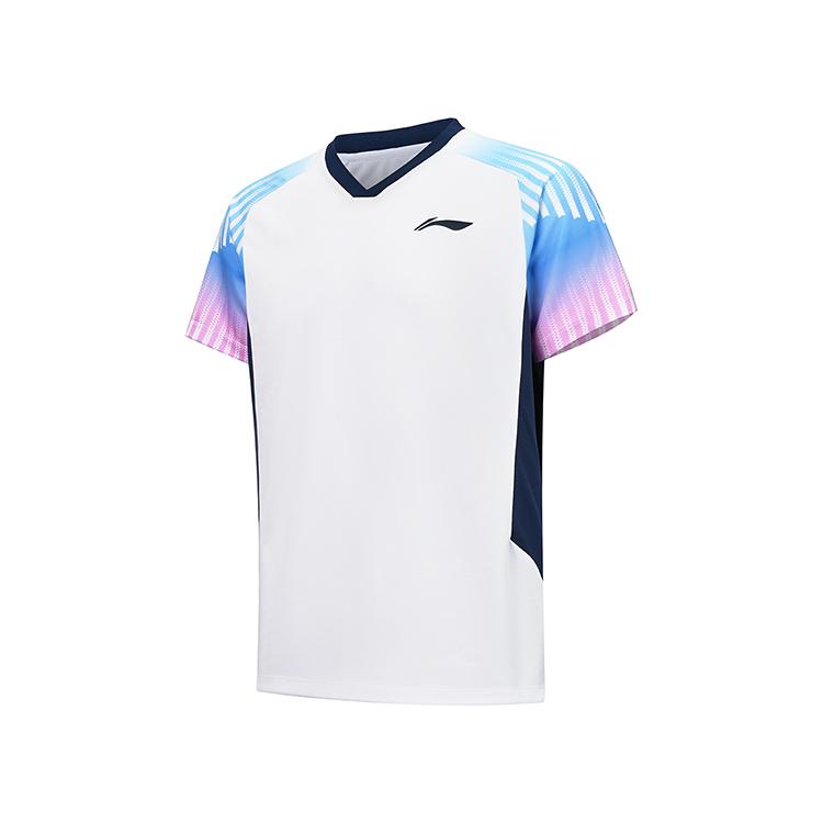 Li Ning Badminton Series High-Value Dynamic Striped Soft Breathable V-Neck Short Sleeve T-Shirt Unisex Tops White AAYV199-1