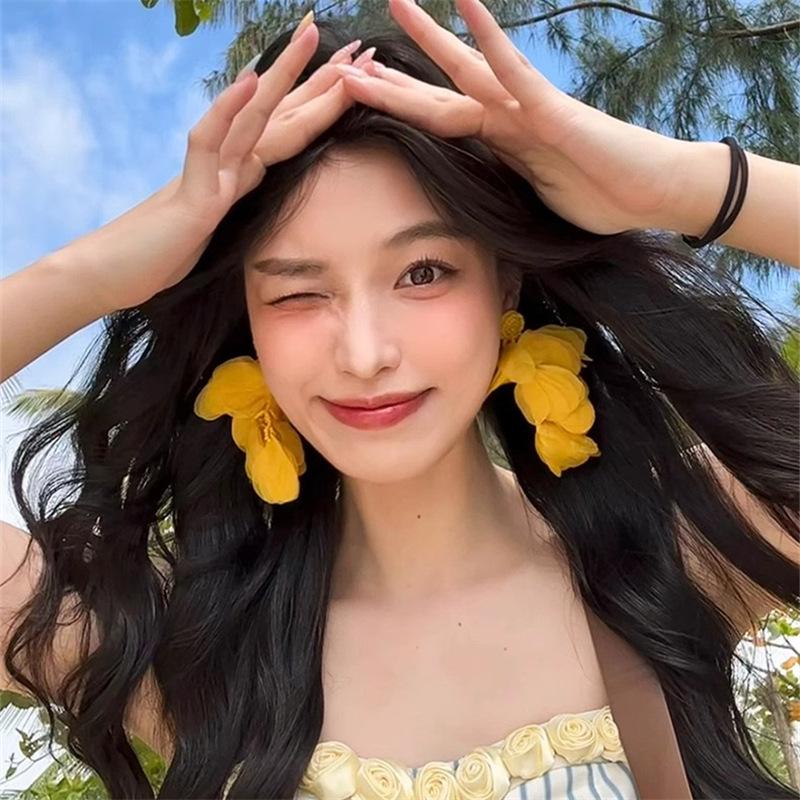 Exquisite Summer Flower Earrings Sweet Chiffon Dangle Drop Earrings For Women Boho Tassel Ear Jewelry Beach Party Accessories