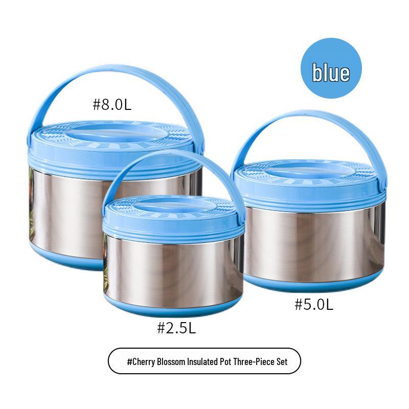 Stainless Steel Double-Layer Insulated Pot  Lunch Box Set (3-Piece) - Large Capacity, Handheld, Fresh-Keeping 3-Piece Set: 2.5L, 5L, 8L синий